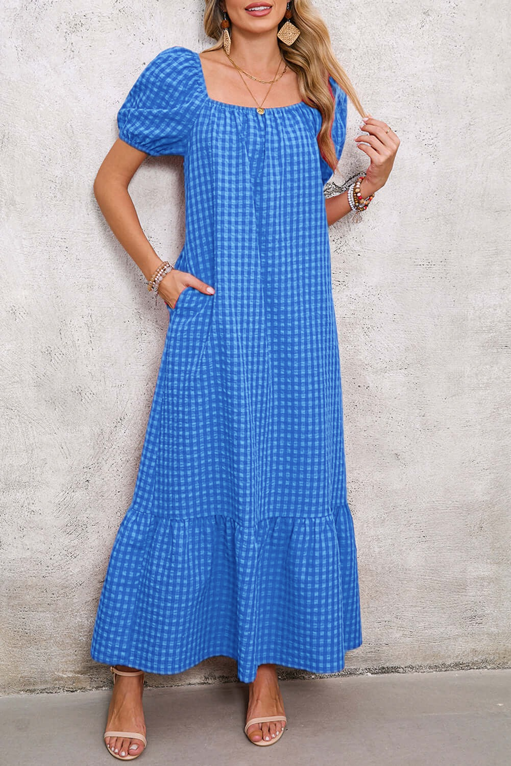 Women's Puff Sleeve Square Neck Check Maxi Dress
