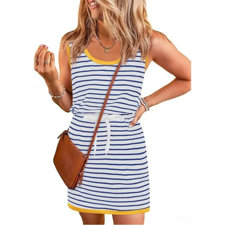 Women's summer sleeveless striped dress, drawstring waist casual suspender mini dress