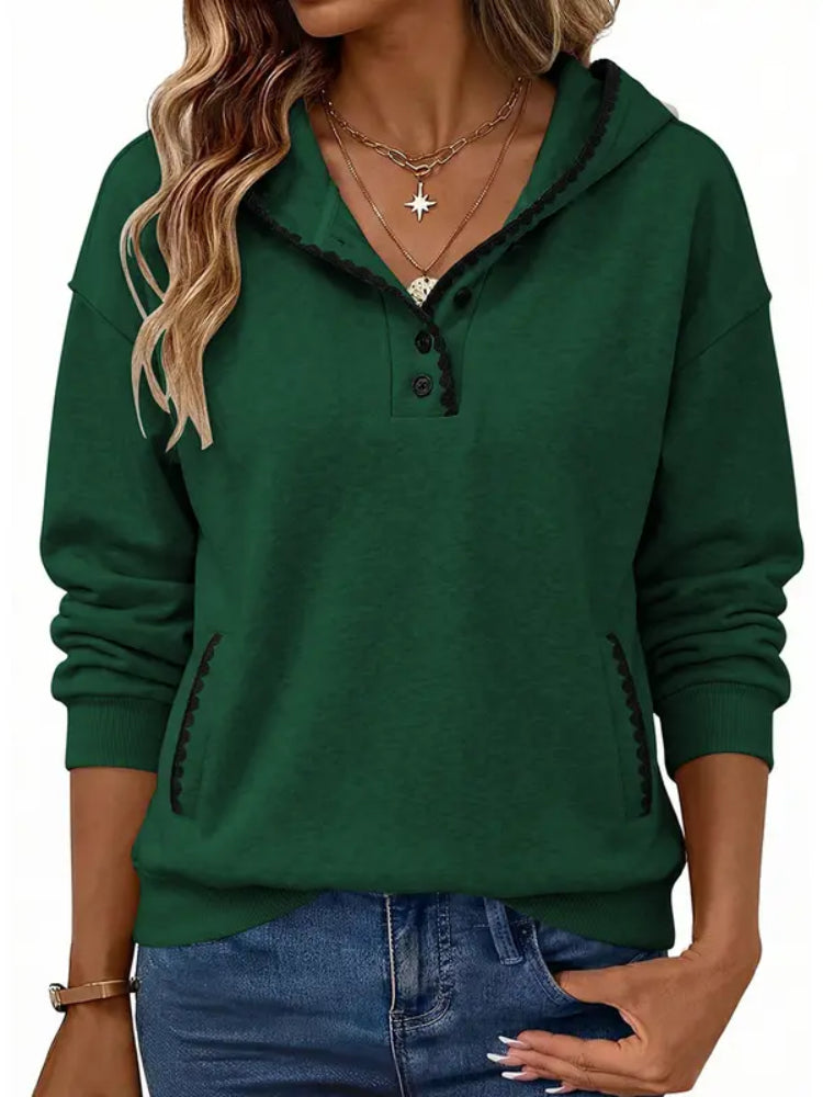 Women Oversized Scalloped Stitch Half‑Button Hooded Tunic Sweatshirt