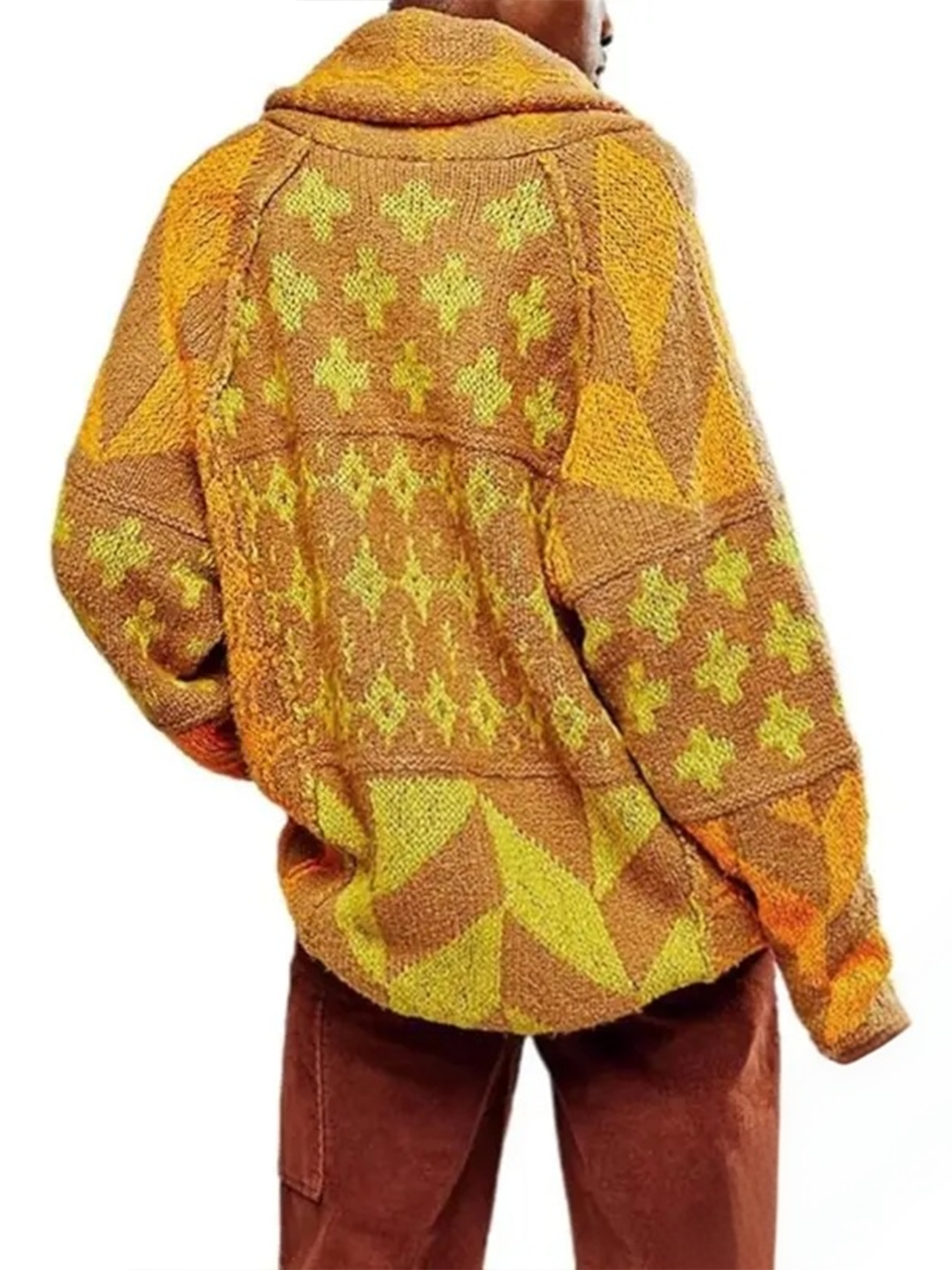 Women's Y2K Colorblock Print Lapel Button Down Oversized Knit Cardigan