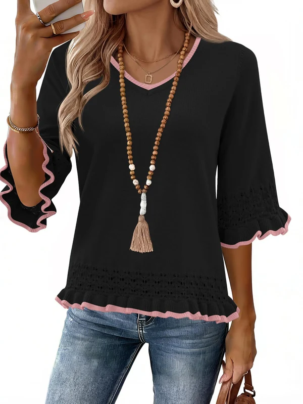 Women V Neck Eyelet Knit Pullover with 3/4 Ruffle Sleeve