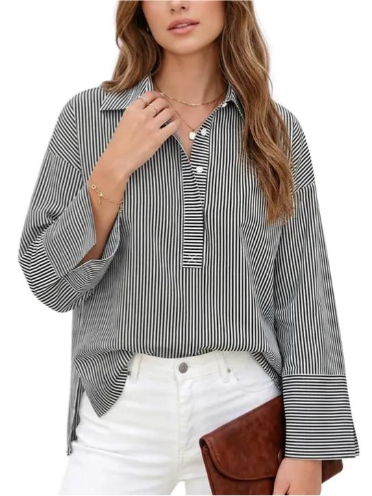 Women Casual Striped Print Long Sleeve Collared Button Front Loose Shirt