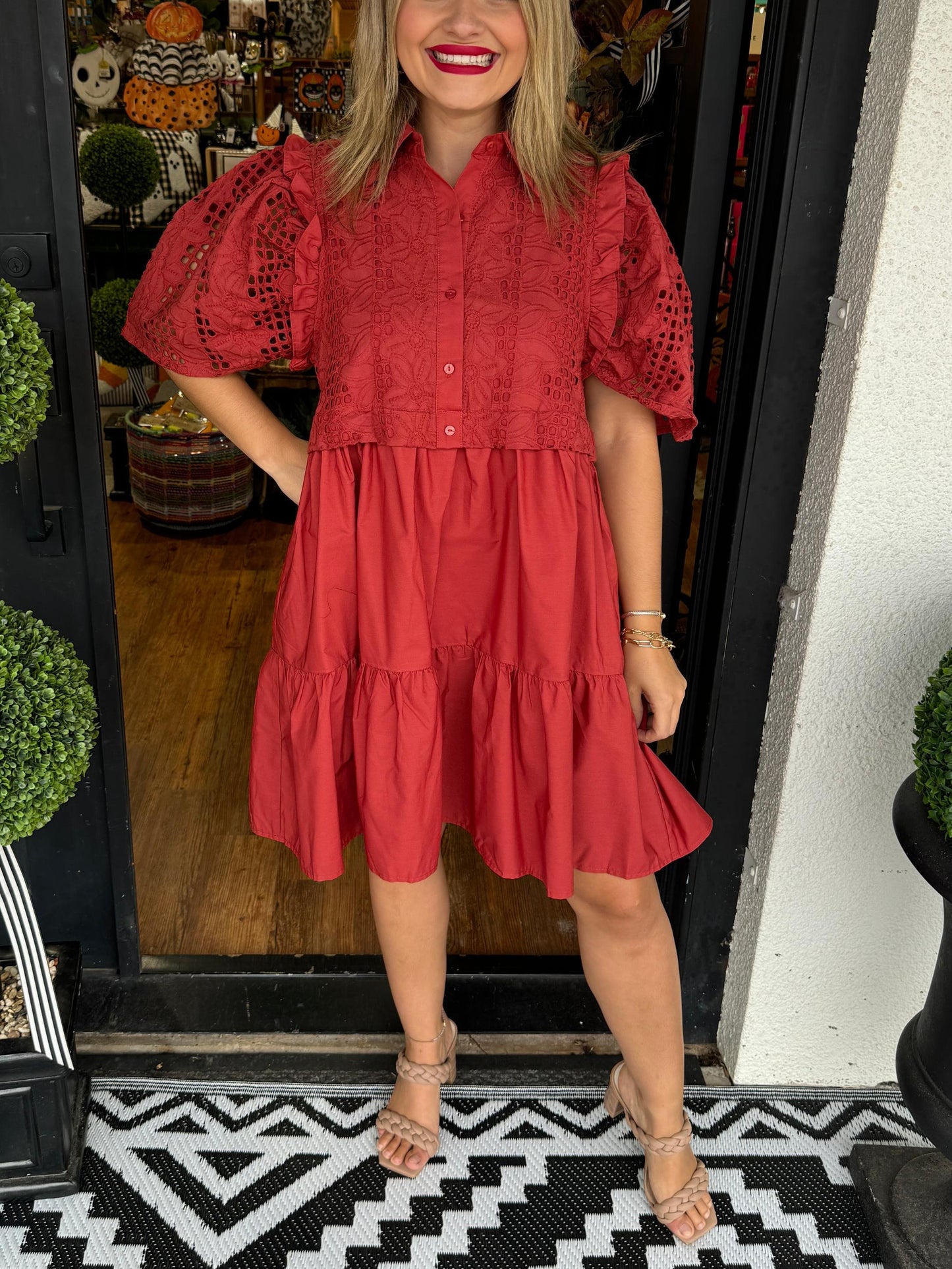 ✨Eyelet Detail Puff Sleeve Dress