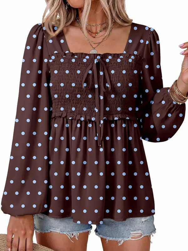 Women Loose Long Sleeve Square Neck Smocked Ruffle Peplum Casual Blouse
