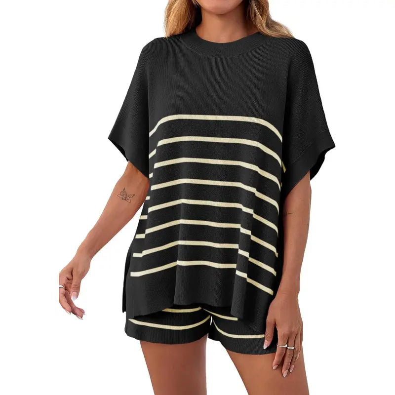 Women's Striped 2 Piece Outfits Oversized Batwing Short Sleeve Tops