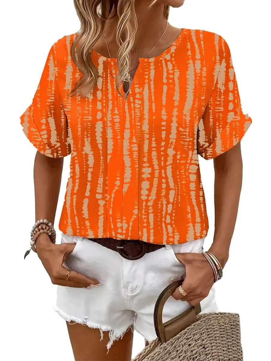 Split Notch V-Neck Rolled Cuff Short Sleeve Loose Casual Blouse Top