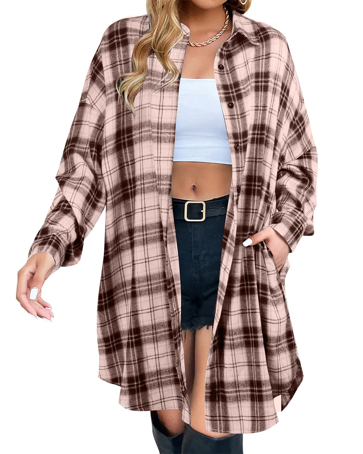 ✨Women's Button Down Flannel Shirts Plaid Shacket Collared Long Jacket Coats