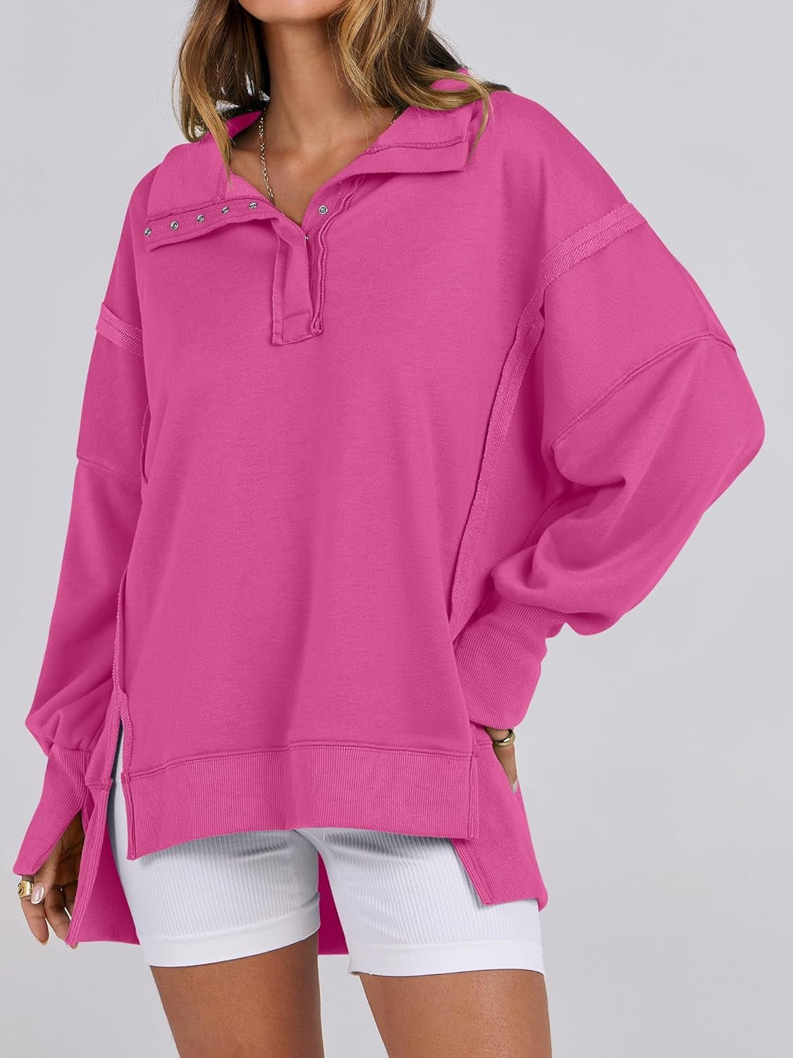 ✨Women's Oversized High Low Split Button Up Henley Pullover Top