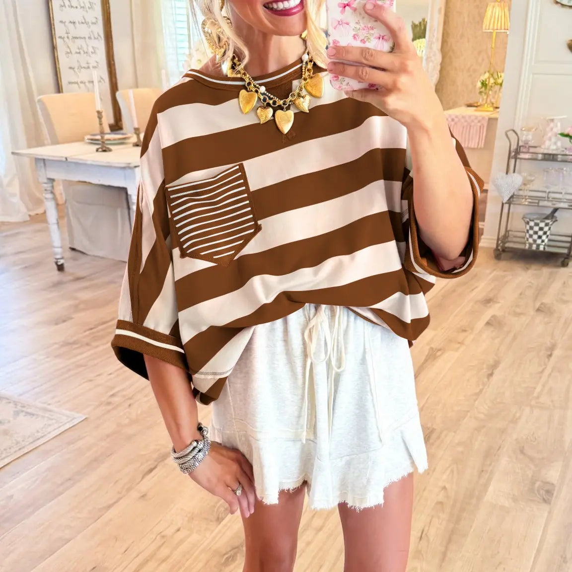 Women's T-shirts Striped Drop Shoulder Pocket T-shirt