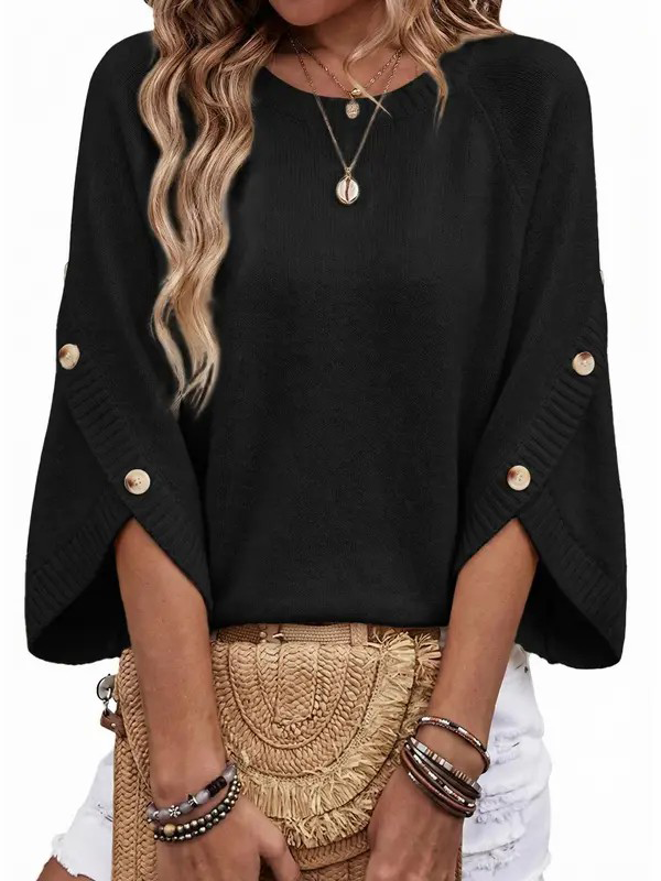 ⏰Hot Sale-Women Crew Neck Split Button 3/4 Sleeve Oversized Knit Pullover