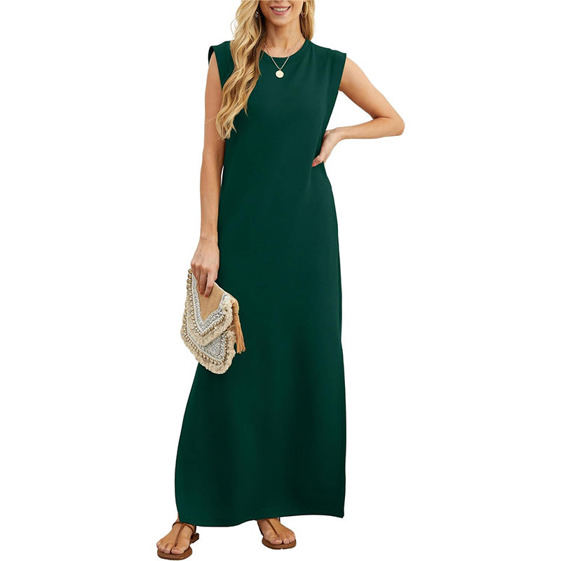 ✨Women Summer Crew Neck Casual Loose Split Wrinkle-Free Long Maxi Beach Dress with Pockets