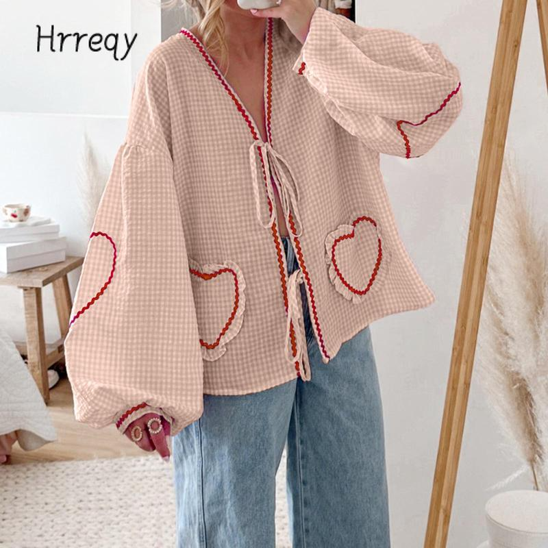 ⏰Hot Sale-Women Long Sleeve Shirts Heart Embroidery Plaid Front Bowknot Tie-Up Blouses