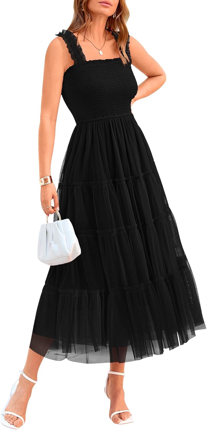 ✨Women's Casual Sleeveless Square Neck Smocked Ruffle Tulle Party Wedding Guest Dresses
