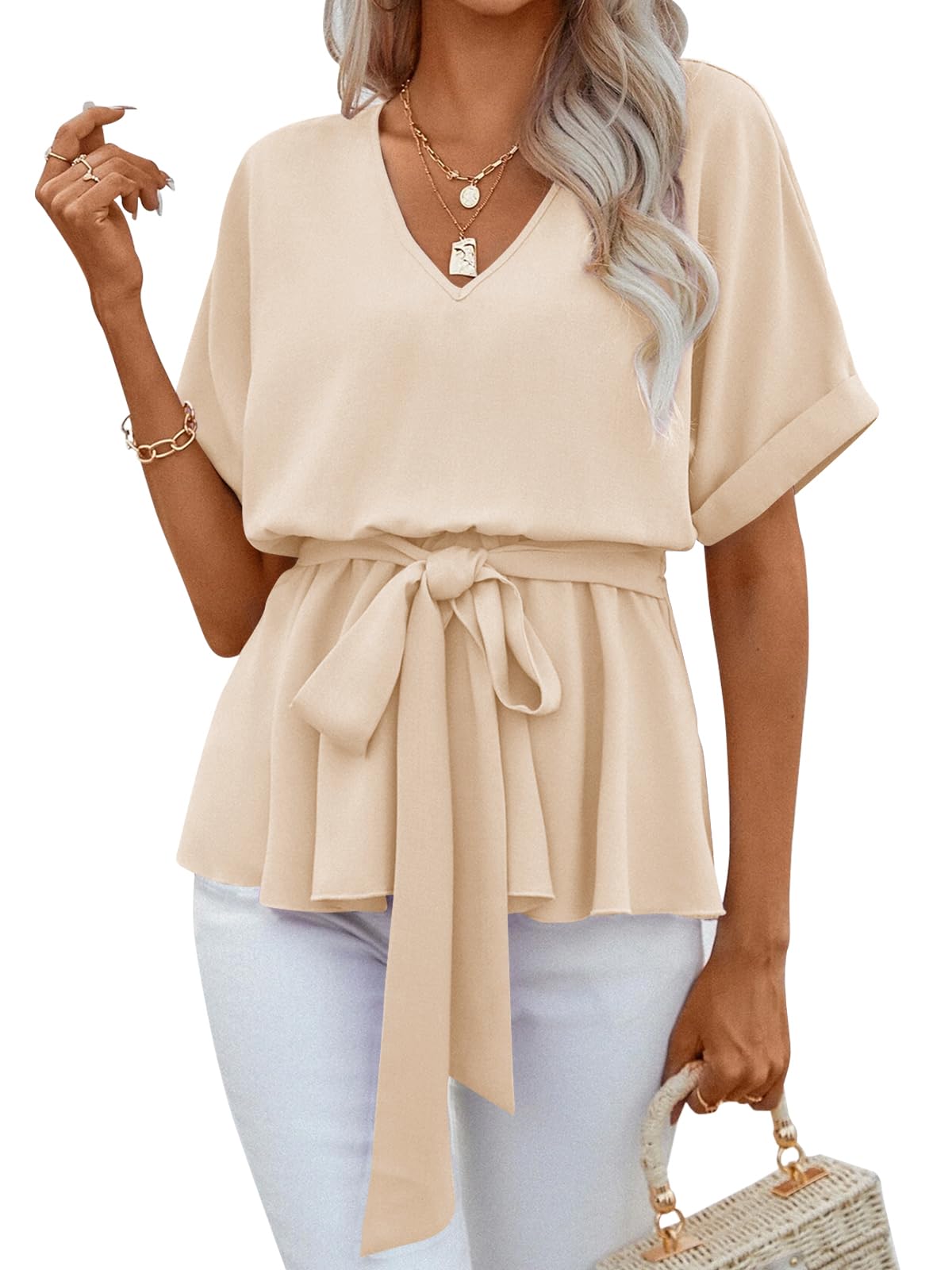 ✨Womens V Neck Blouse Short Sleeve Belted Casual T-Shirts Basic Tee Tops