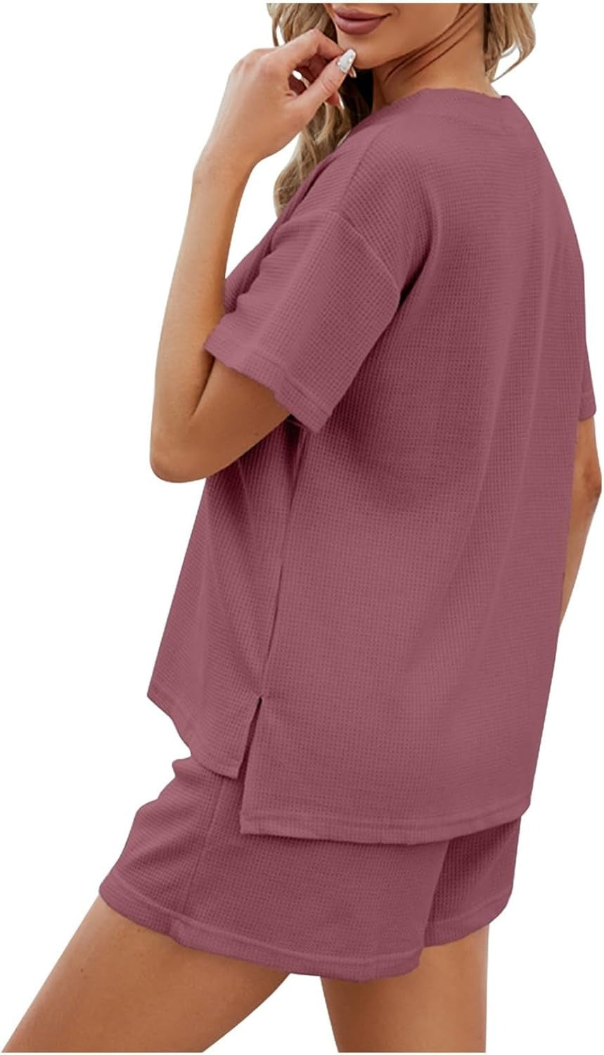 Women's Waffle Short Sleeve Button Top with Shorts Lounge Sets
