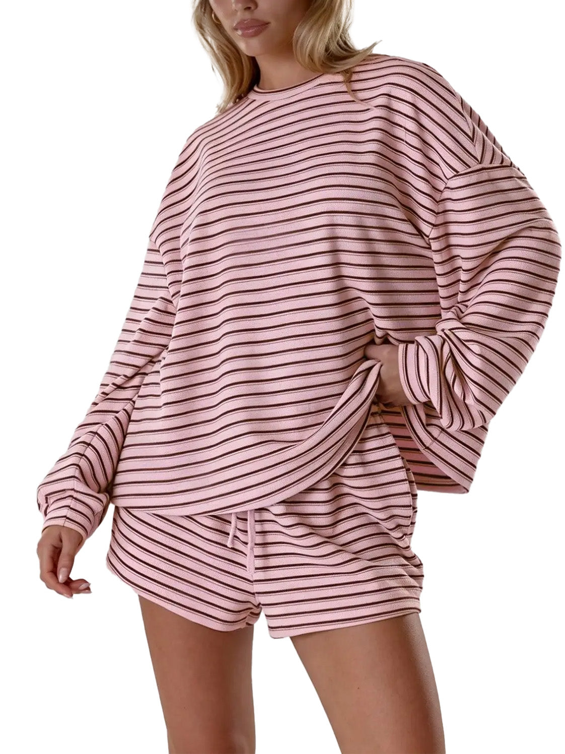 Striped 2‑Piece Outfit & Oversized Long‑Sleeve Top & Pocket Shorts