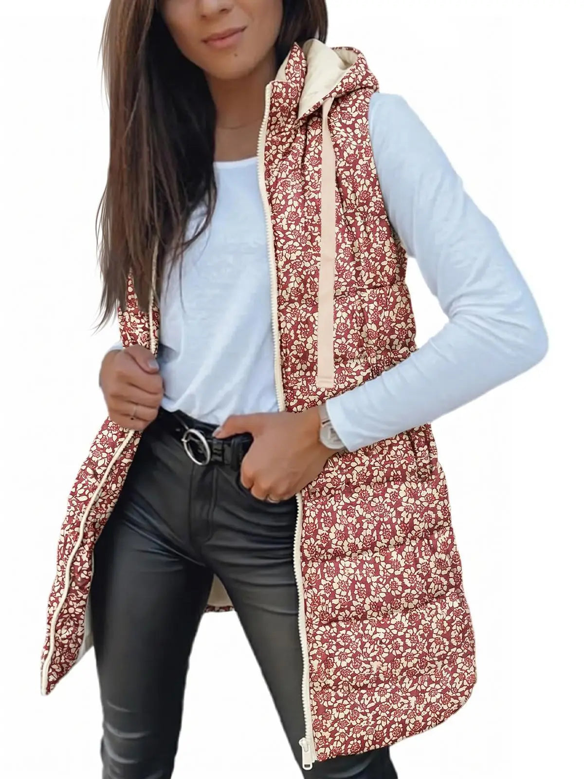 Women Long Hooded Sleeveless Vest With Side Pockets