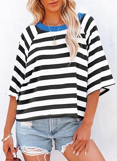 ✨Women's Cute Round Neck Striped Short Sleeve Casual Topb
