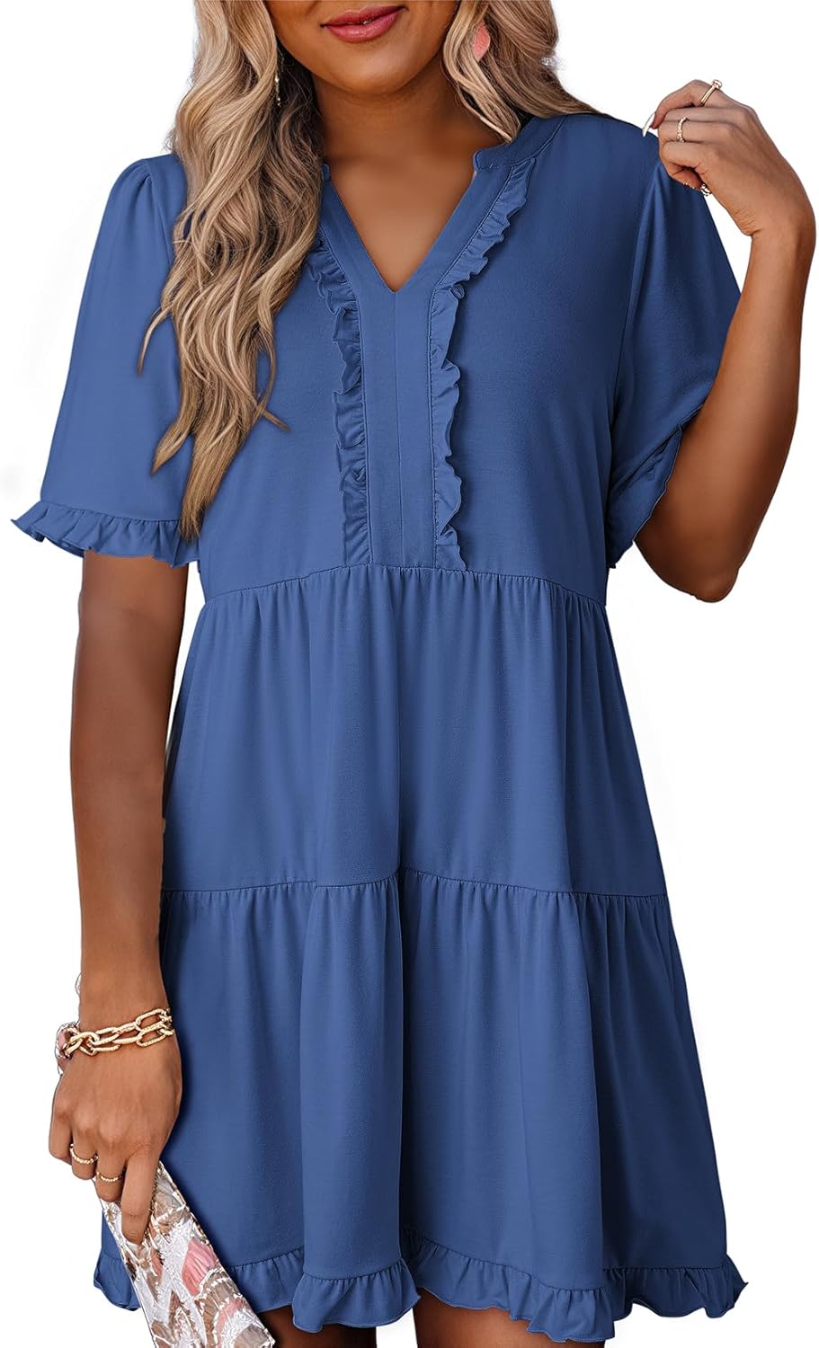 ✨Womens Dresses V Neck Short Sleeve Casual A Line Flowy Swing Shift Dress