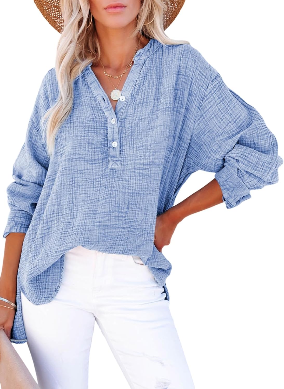 Womens Casual Gauze Button Neck Long Sleeve Oversized BlousesTops