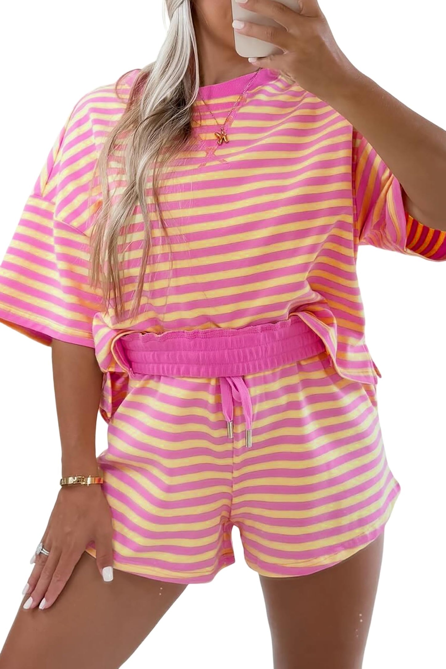 Women's Stripe Drop Shoulder Boxy Casual Terry Short Set