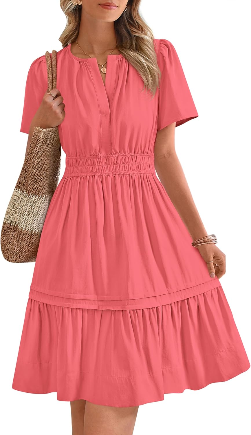 ✨Women's Casual V Neck Sundress Smocked Waist A Line Tiered Mini Dress