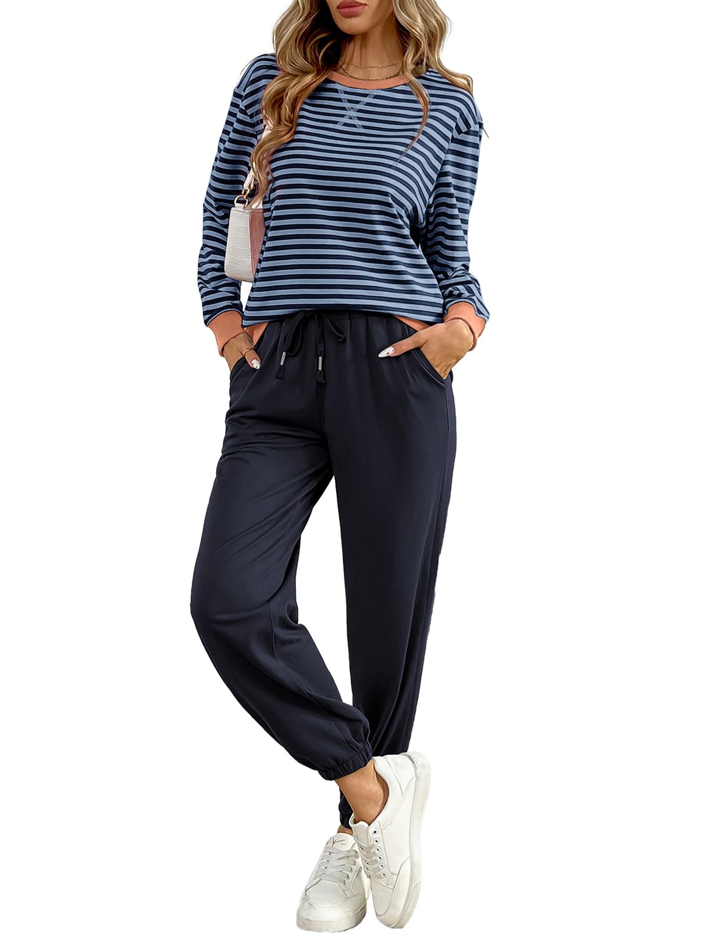 ✨Women's Cozy Striped Color Block Long Sleeve Tops Jogger Sweatpants 2 Piece Outfits