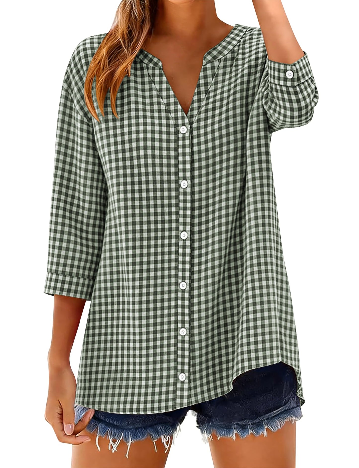 Women's Cotton 3/4 Sleeve Button Down Gingham Shirts