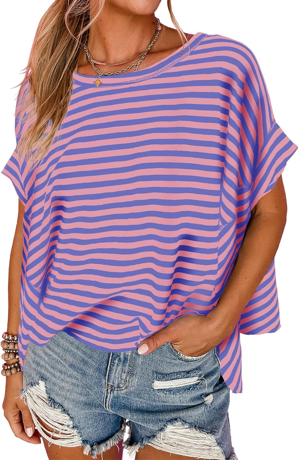 ✨Womens Oversized Striped Irregular Hem Batwing Short Sleeve Tee