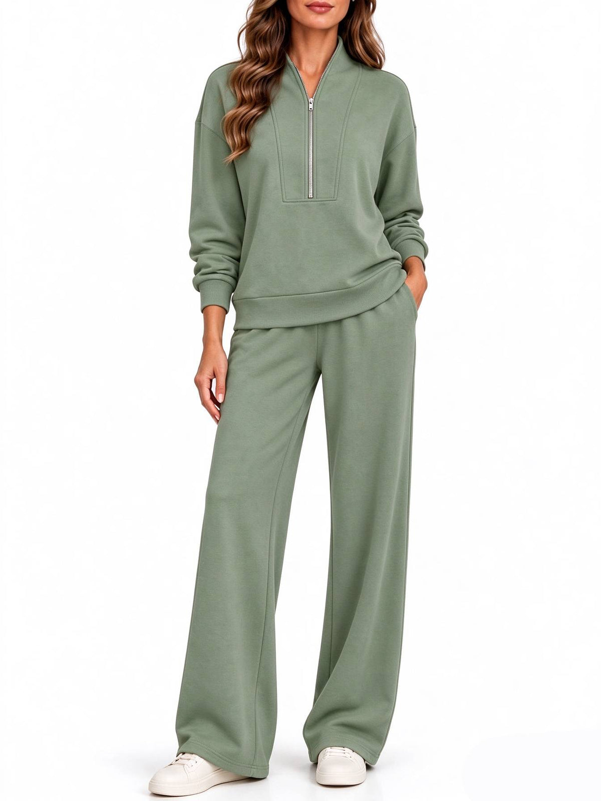 Women's Half Zip Long Sleeve Pullover & Wide Leg Pants 2-Piece Matching Set