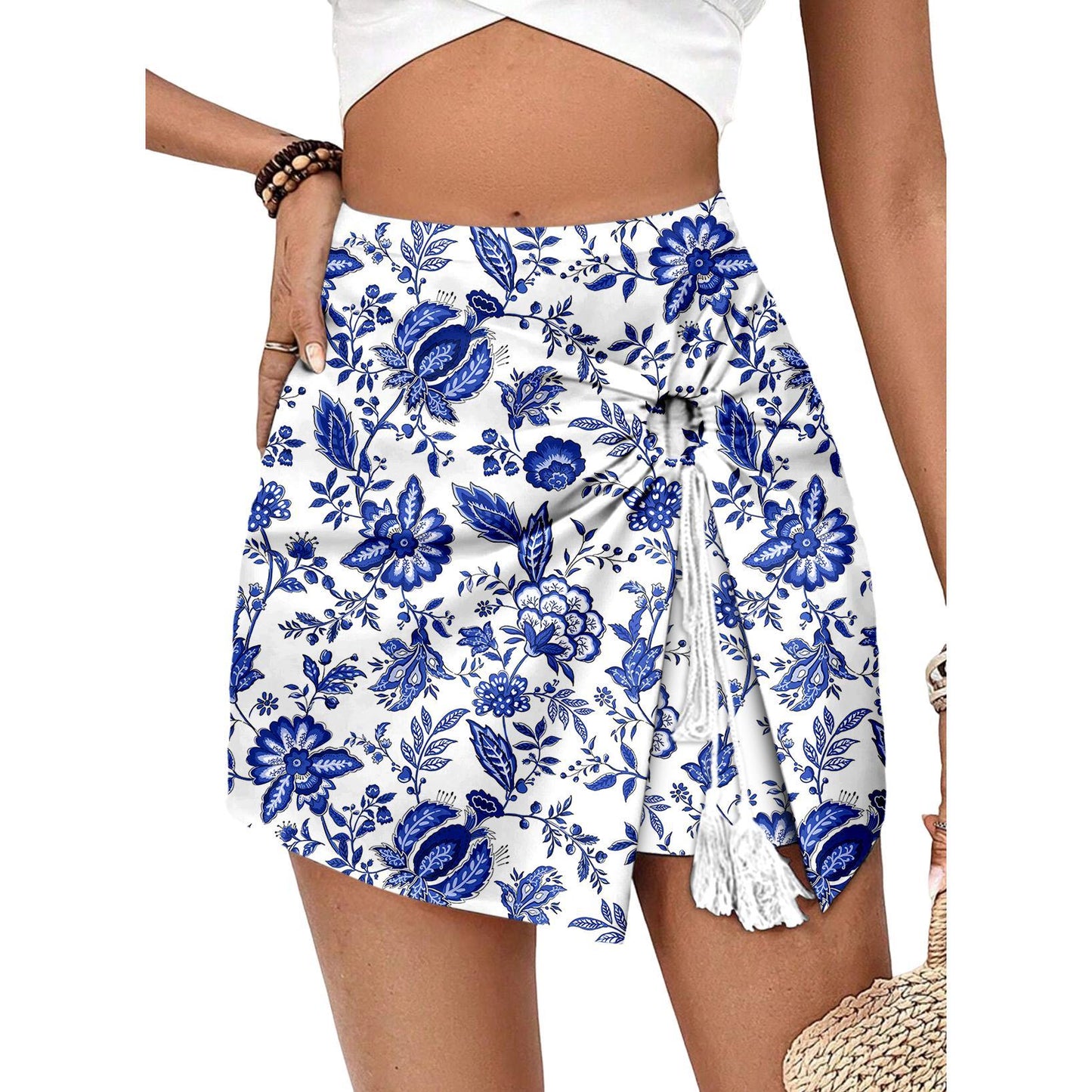 Women's Boho Floral Wrap Skort, Chiffon Flowy Tie Front Shorts