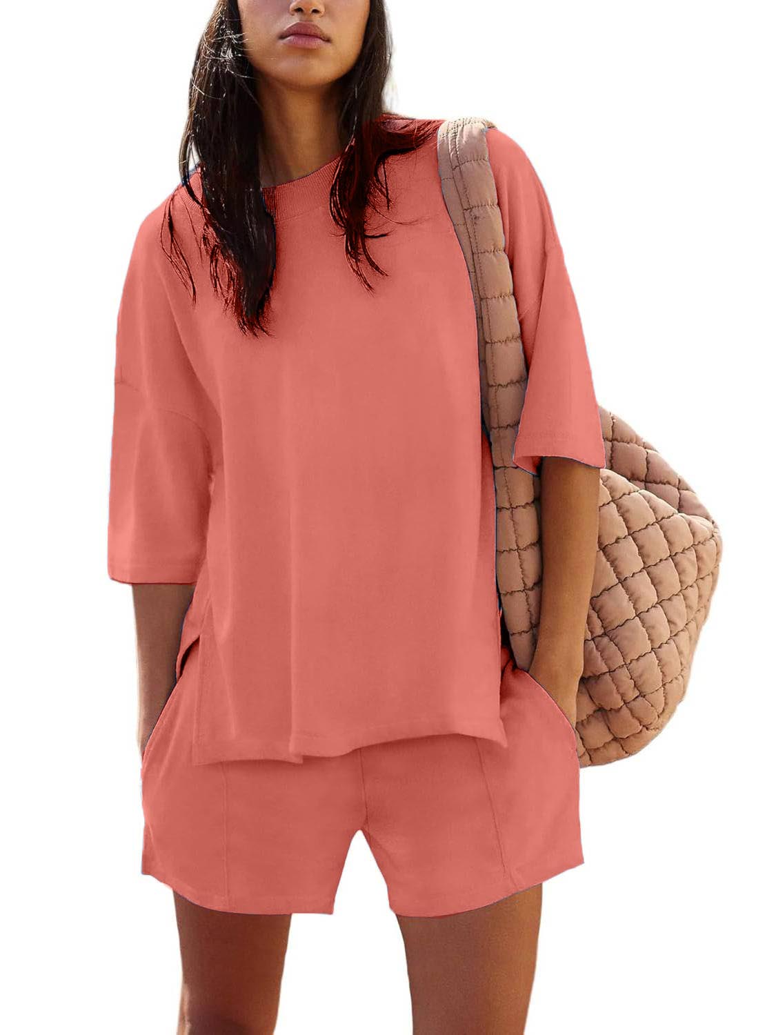 ✨2025 NEW Trendy Casual Solid Color Suit with Slit Top and Shorts