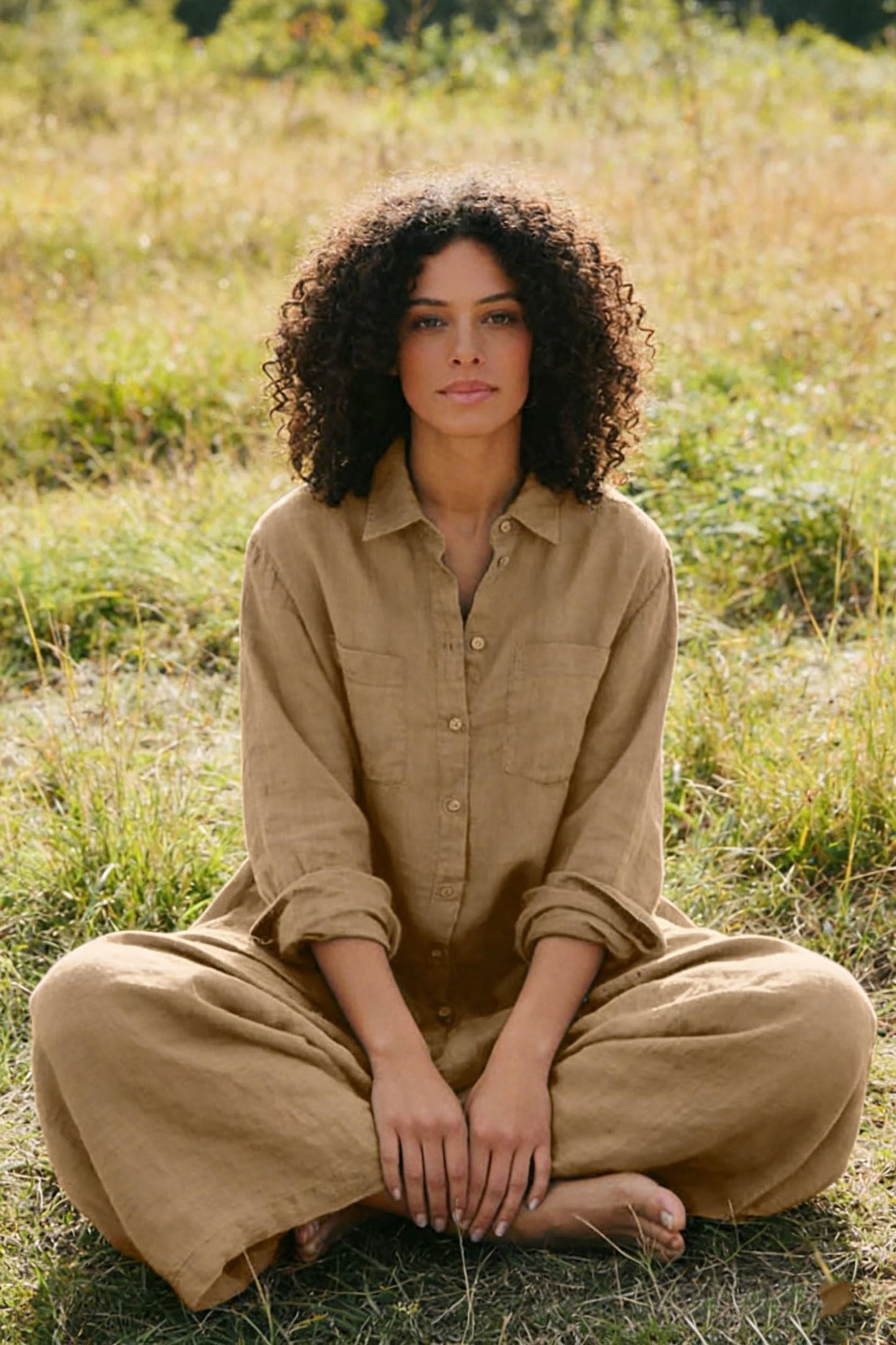 Women's Linen Button Down Long Sleeve Wide Leg Jumpsuit