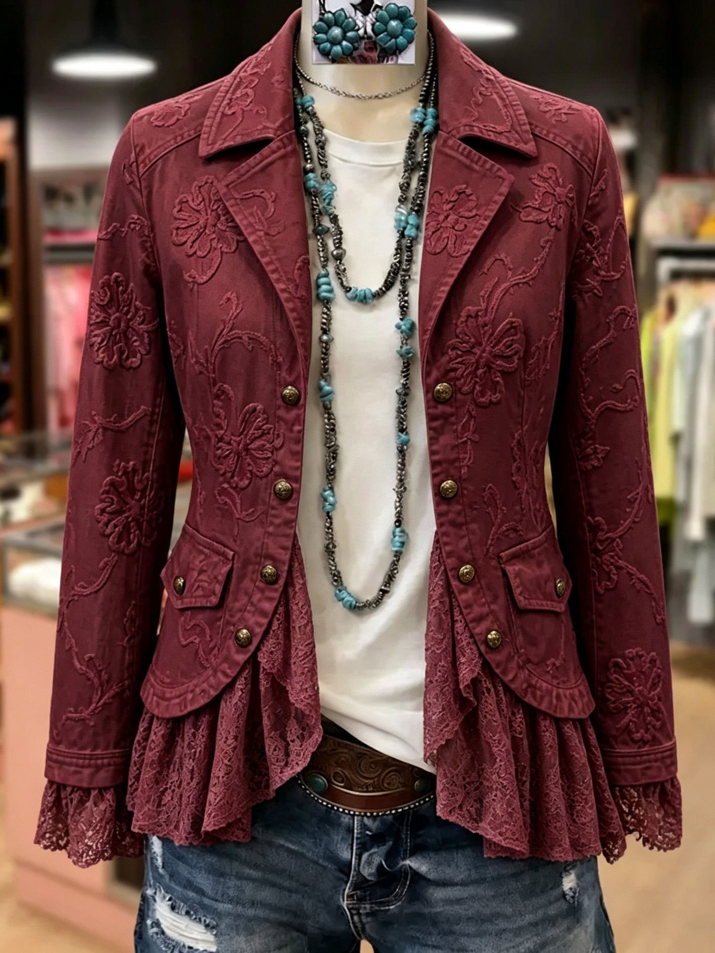 Women Floral Embroidery Lace Patch Long Sleeve Outer Jacket