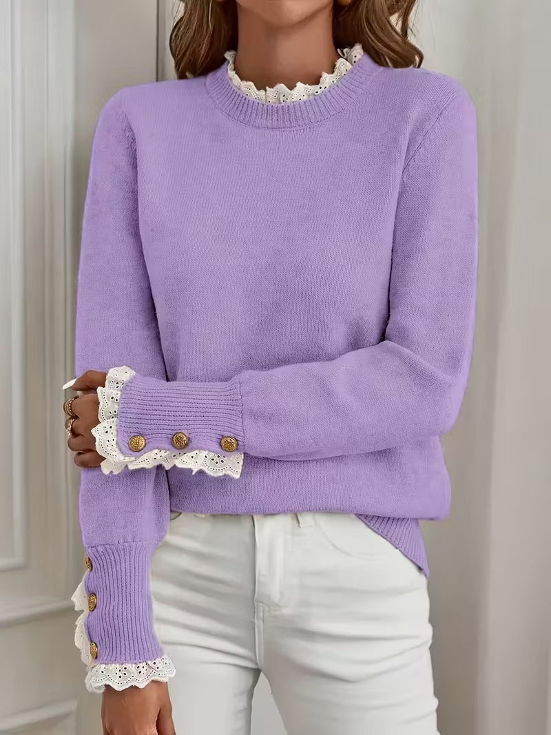 ✨Women's Long Sleeve Knitted Button Lace Trim Sweater