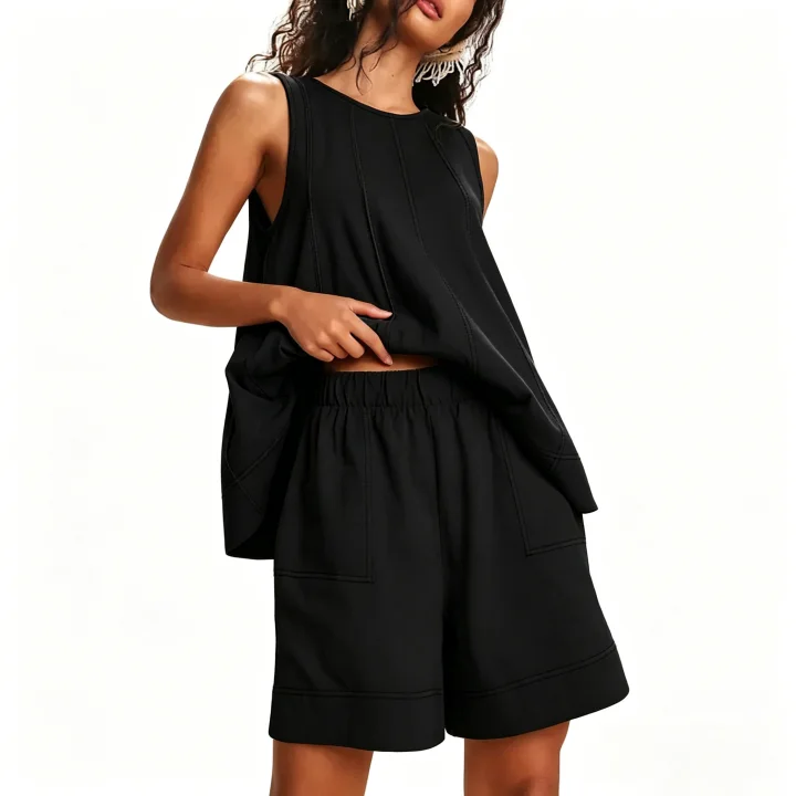 Women's two-piece sleeveless suit, A-line vest, high-waisted shorts with contrasting stitching