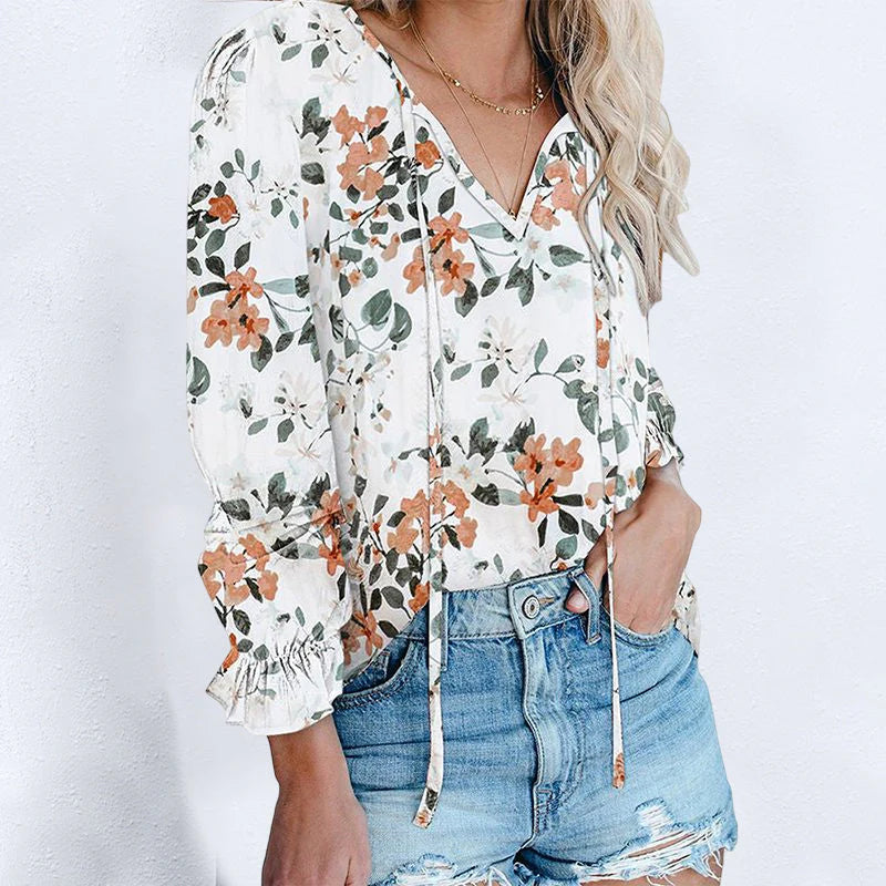 ✨Women Boho Floral Print V Neck Drawstring Long Sleeve Blouse Top (Final Days: Big Savings!!!)