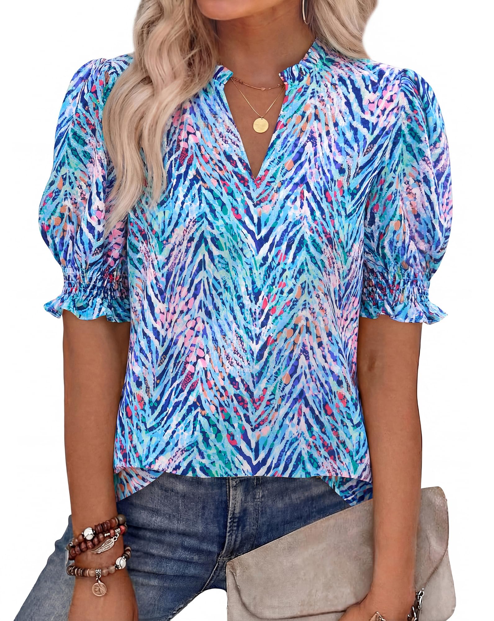 Women Floral Boho V Neck Puff Short Sleeve Top Casual 2026 Summer ...