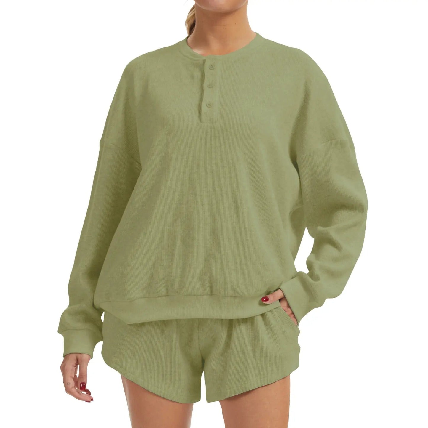 Women's Oversized Waffle Knit Lounge Set - Henley Sweatshirt & High Waisted Shorts