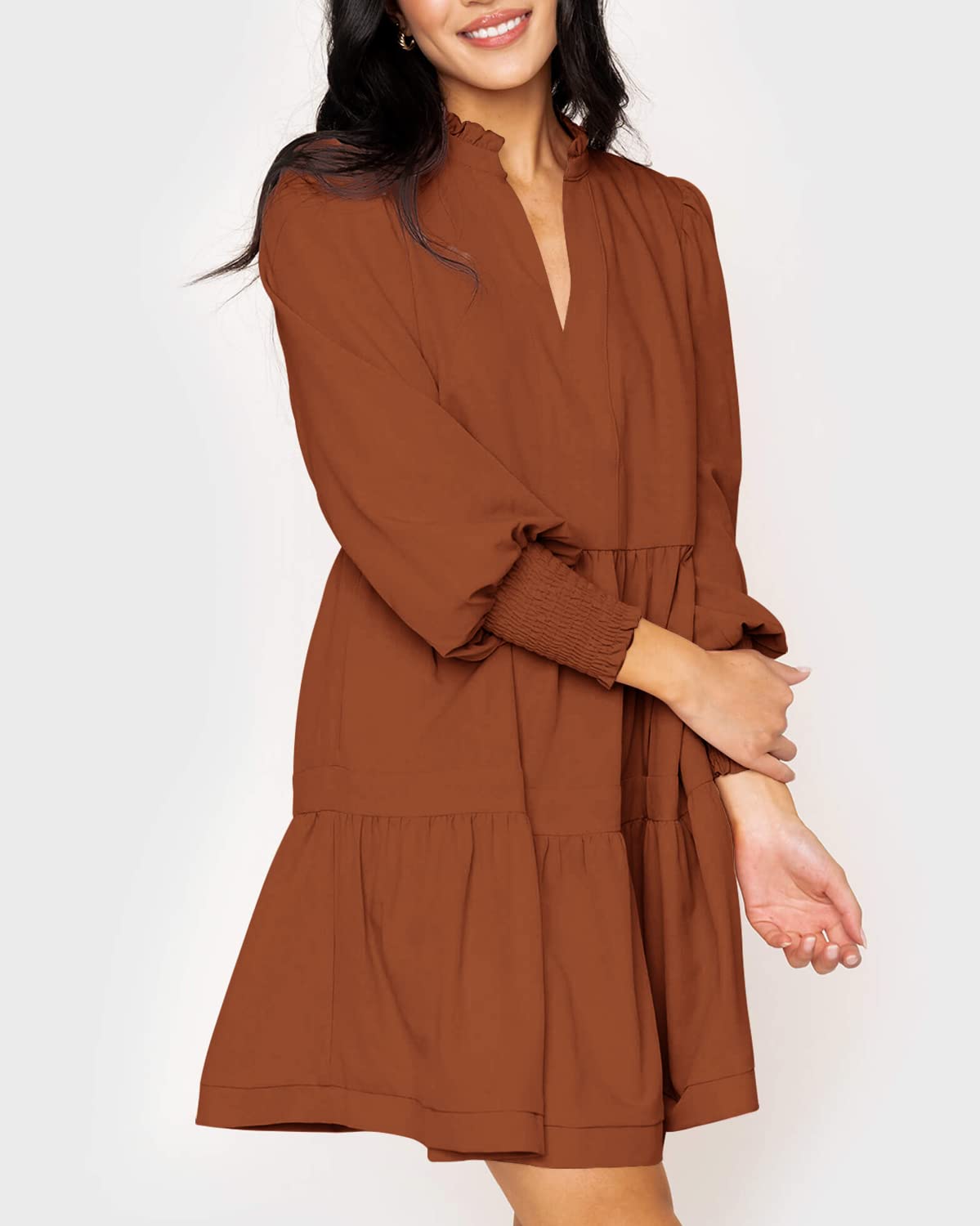 Women's Casual V Neck Fall Long Sleeve Loose Ruffle Tiered Dress
