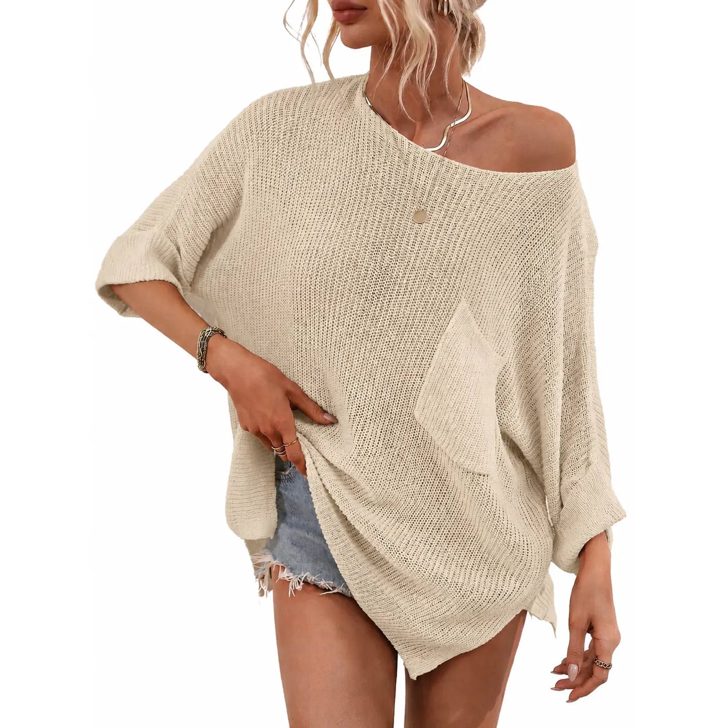 Women Boat Neck Batwing Sleeve Knit Top with Pocket & Side Slit Hem
