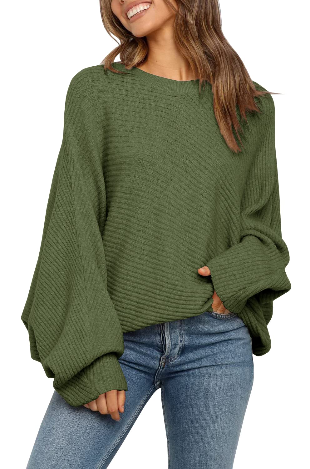 Women's Oversized Batwing Sleeve Ribbed Knit Sweater