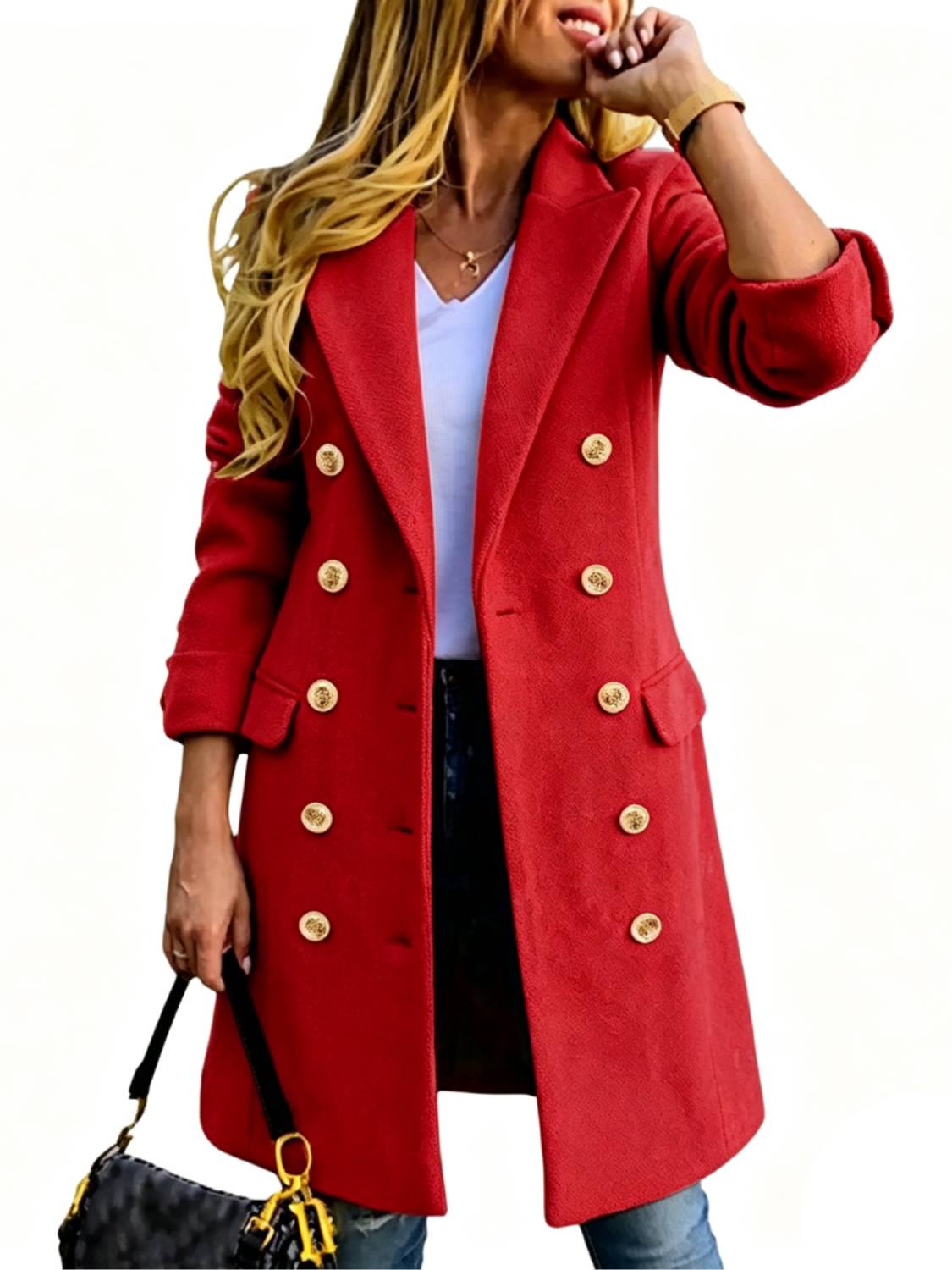 Women's Fitted Slim-Fit Long-Sleeve Double-Breasted Wool-Blend Midi Peacoat
