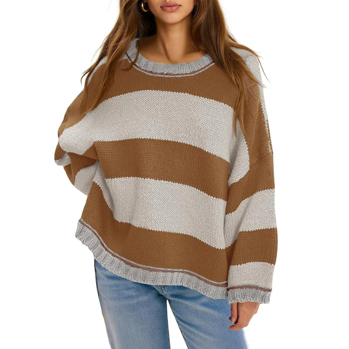 Oversized Color‑Block Stripe Crew Neck Sweater 🍂 Loose Long‑Sleeve Casual Fall Pullover Tops