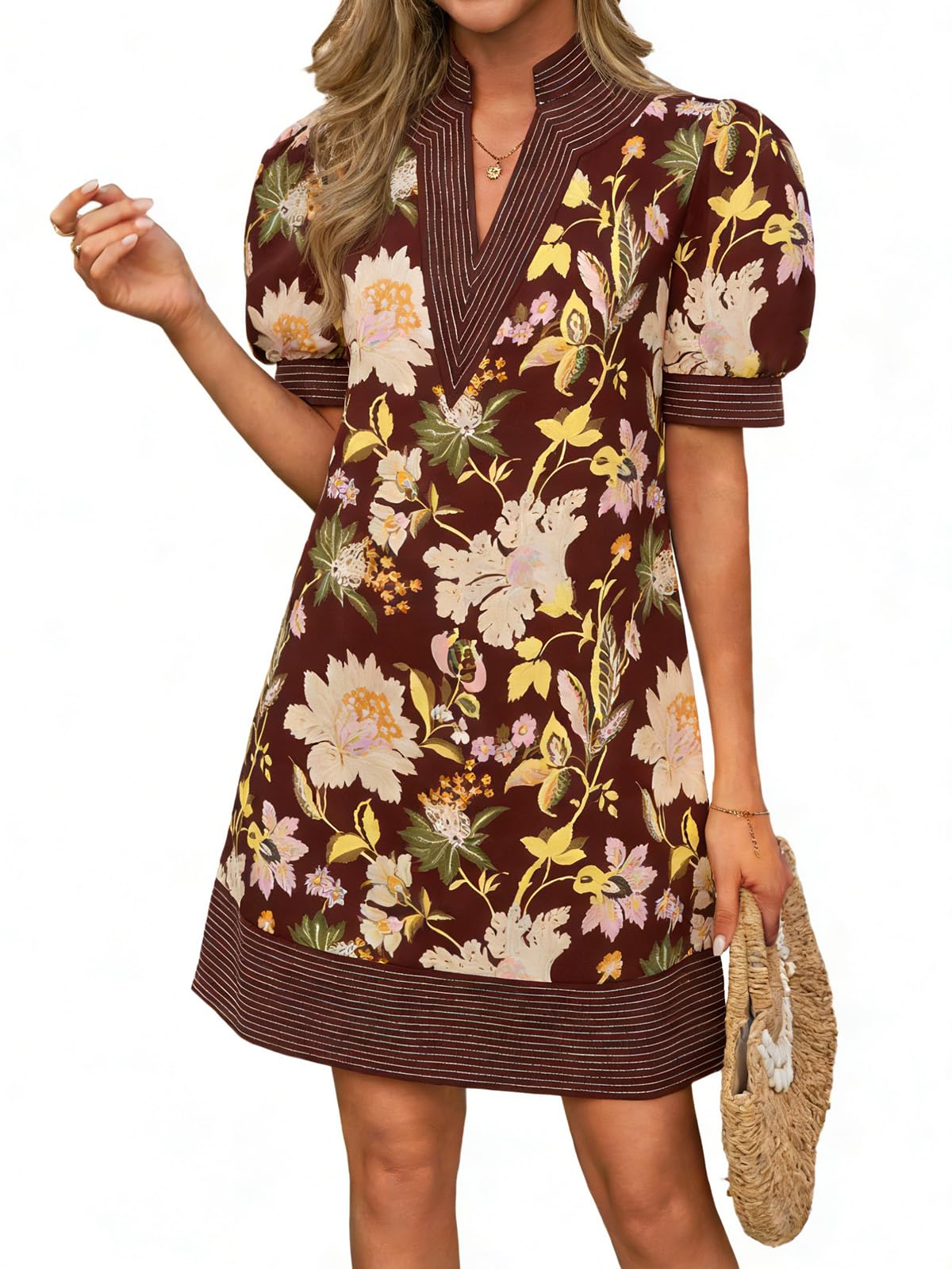 Women's Floral Stripe Trim Puff Sleeve Mini Dress