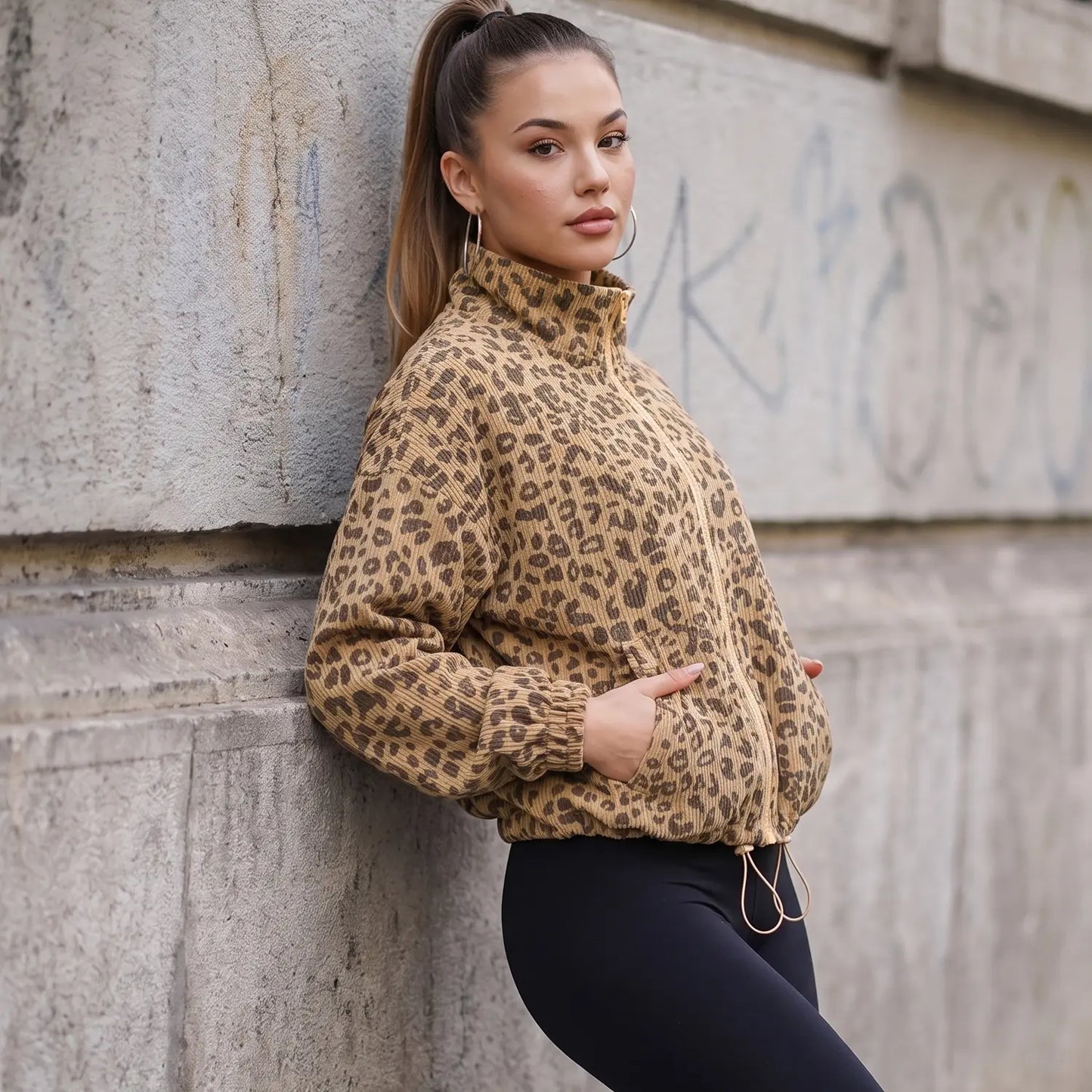 Women's Cropped Zip Up Leopard Print Corduroy Jacket