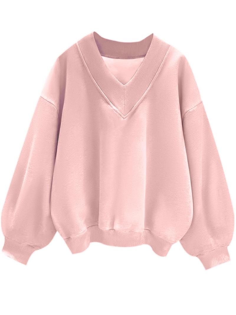 ✨Womens Casual Sweatshirt V Neck Oversized Hoodless Solid Pullover