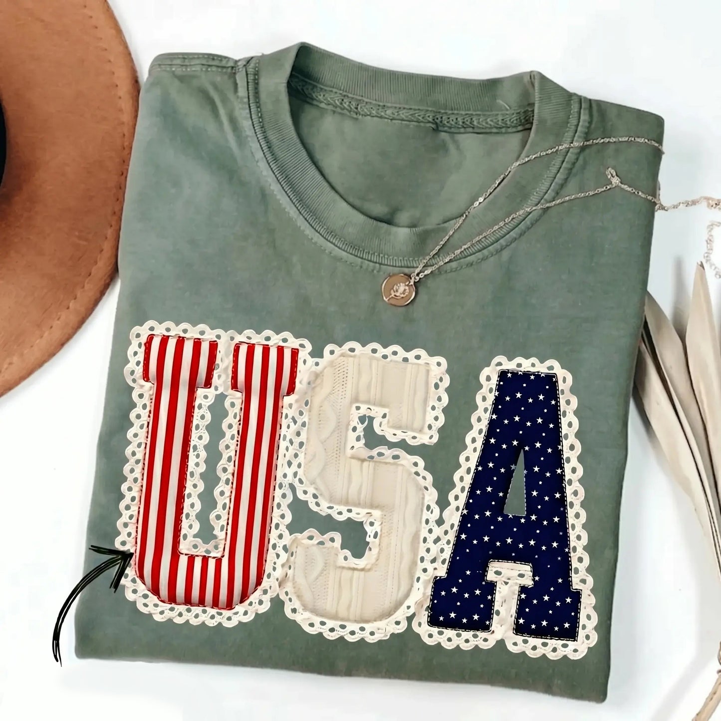 4th of July American Flag Bow Faux Patchwork Lace Tee
