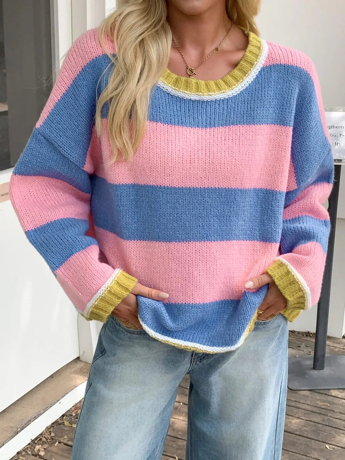 Womens Oversized Color Block Crewneck Knitted Sweaters Tops