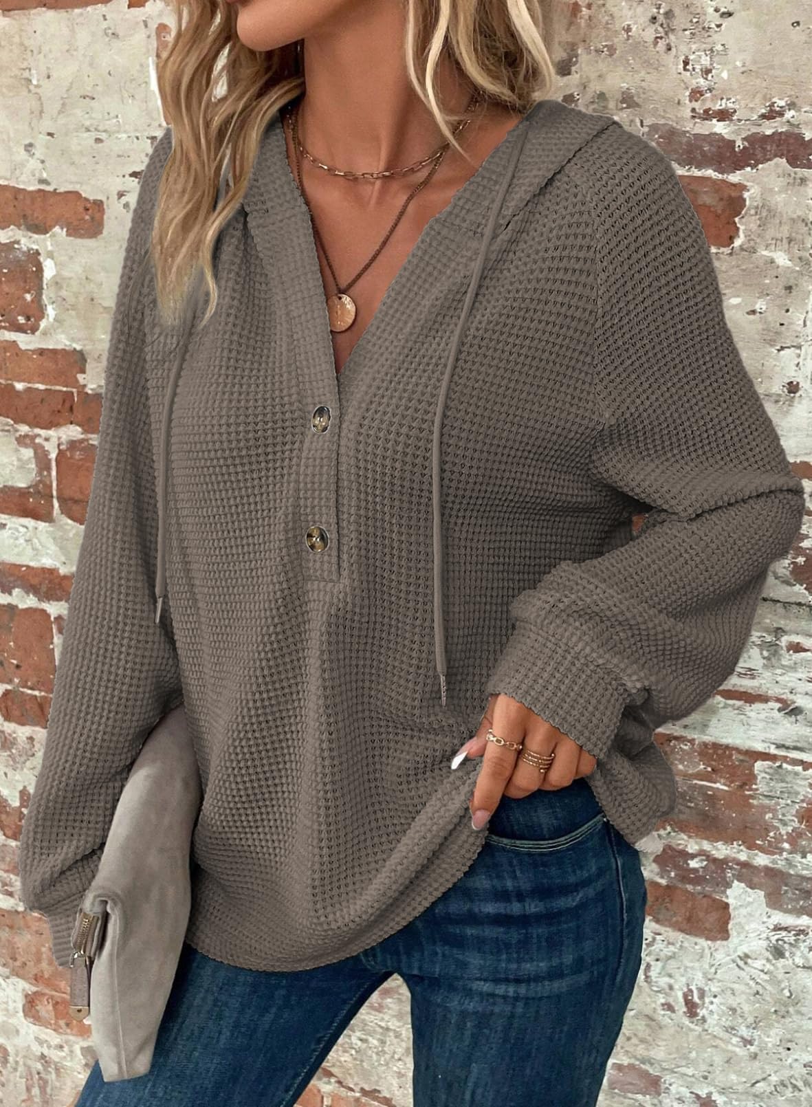 Women's Waffle Knit Drawstring Button V Neck Hooded Sweatshirt(buy 2 free shipping)